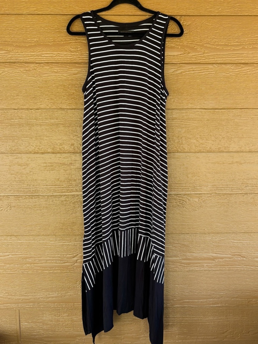 Donna Karan Summer Black and White Striped Asymmetrical Maxi Dress -Sz L